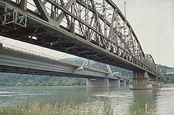 View of the bridge, in the background the cable stayed highway bridge 