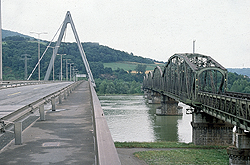 The cable stayed highway bridge and the trussed railway bridge