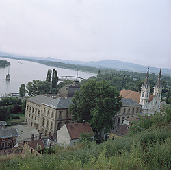 Piers of the bridge with the Primate's Palace from the Cathedral of Esztergom 
