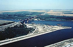 General view of the old and new Danube bridges in Cernavoda; the beginning of the channel Danube - Black Sea can be observed