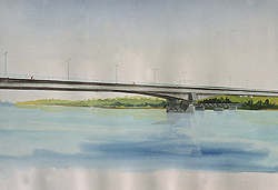 Water colour made during the erection of the bridge. The temporary approach bridge to the pier can be seen